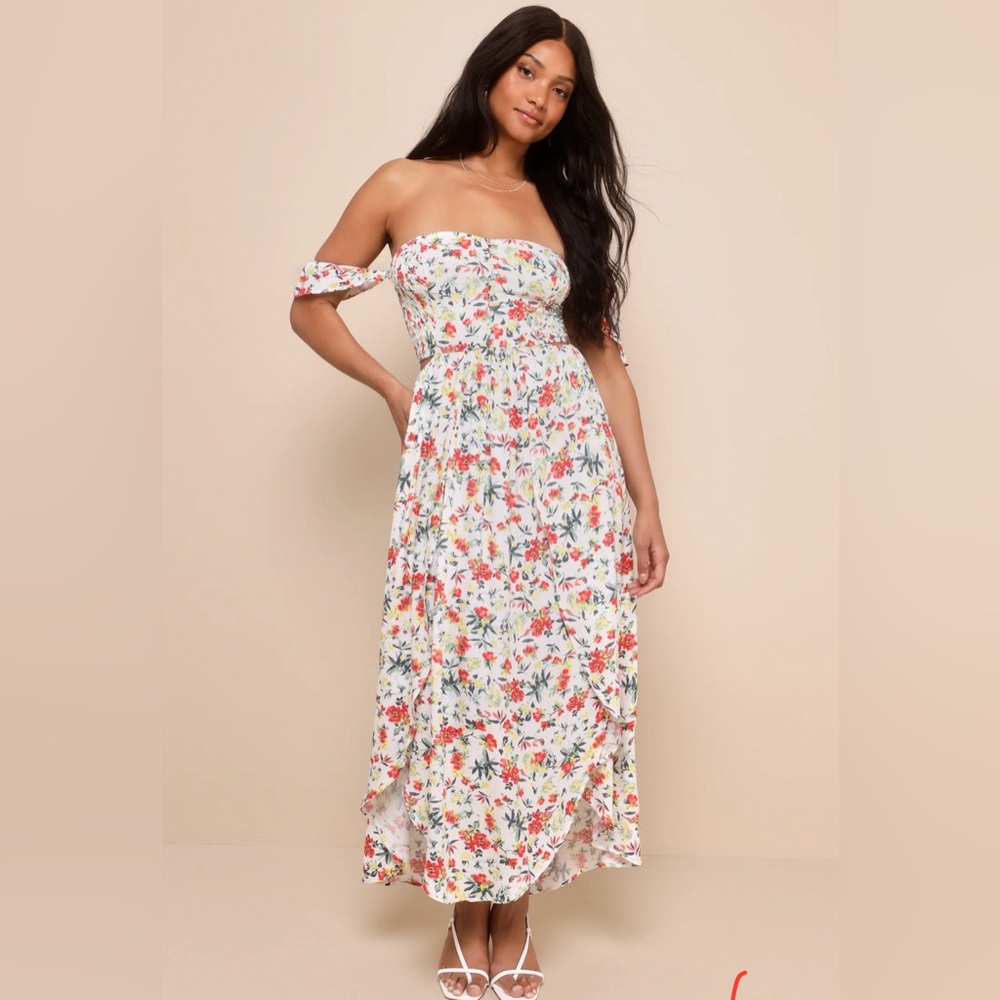 Lulu’s LUSH Cream Floral Print Off-the-Shoulder Maxi Dress